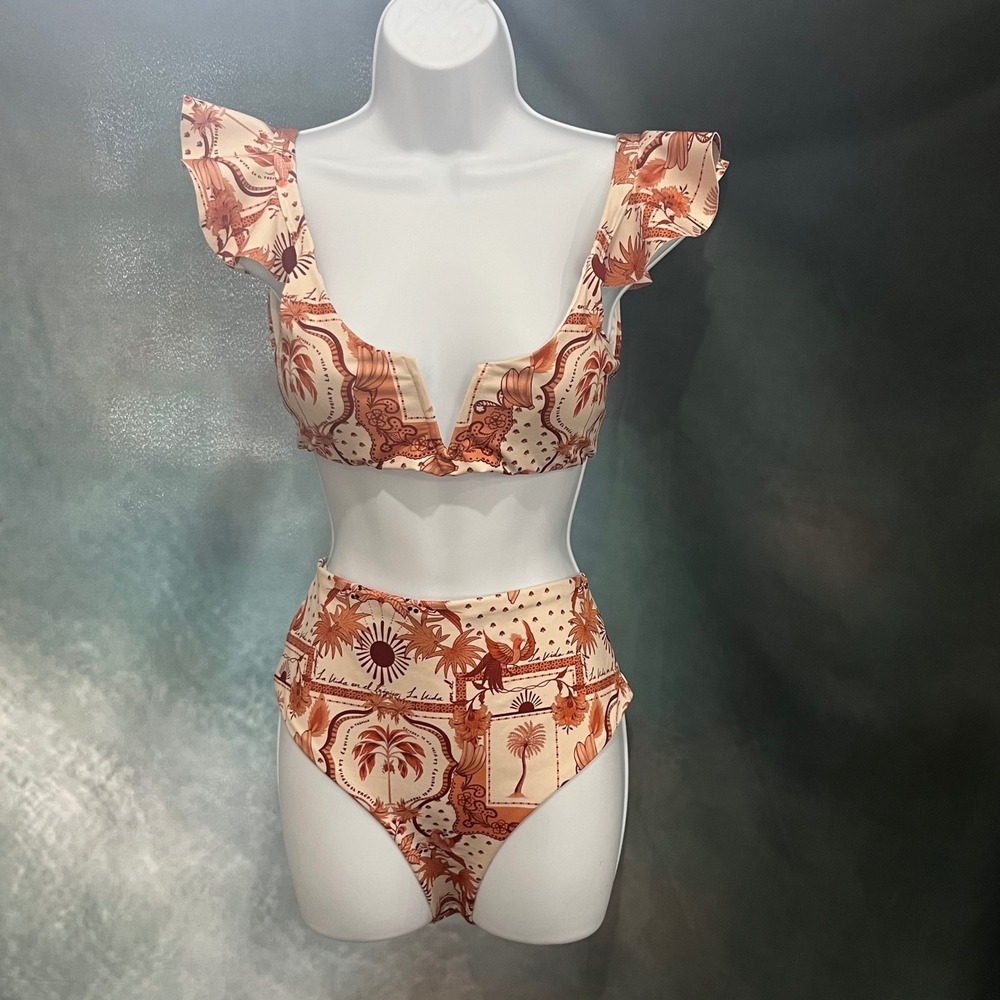 Encantadore Tropical Print Ruffle Bikini Set High Waisted M Top L Bottoms